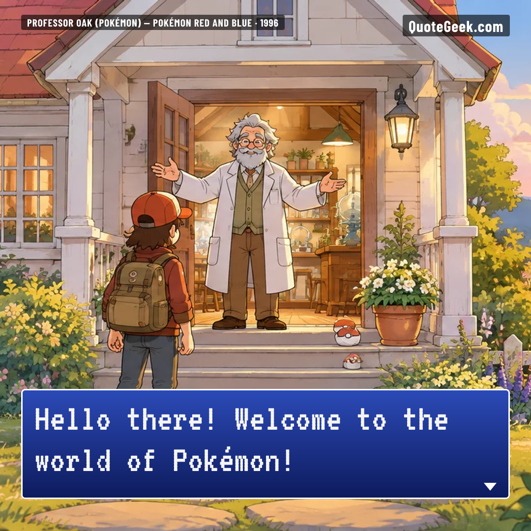 “Hello there! Welcome to the world of Pokémon!” — Professor Oak (Pokémon) · Pokémon Red and Blue. Illustrated QuoteGeek card.