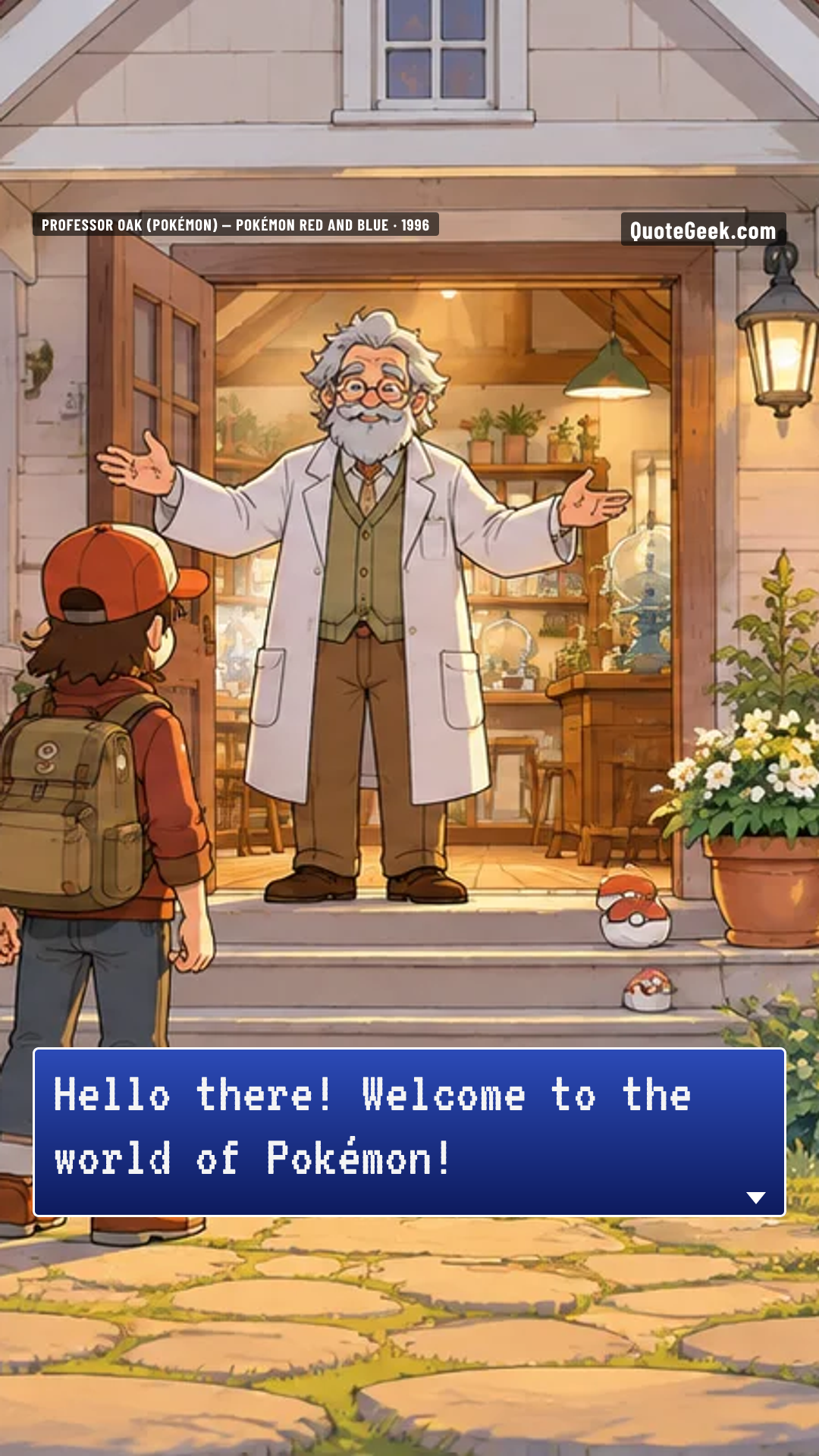“Hello there! Welcome to the world of Pokémon!” — Professor Oak (Pokémon) · Pokémon Red and Blue. Illustrated QuoteGeek card.