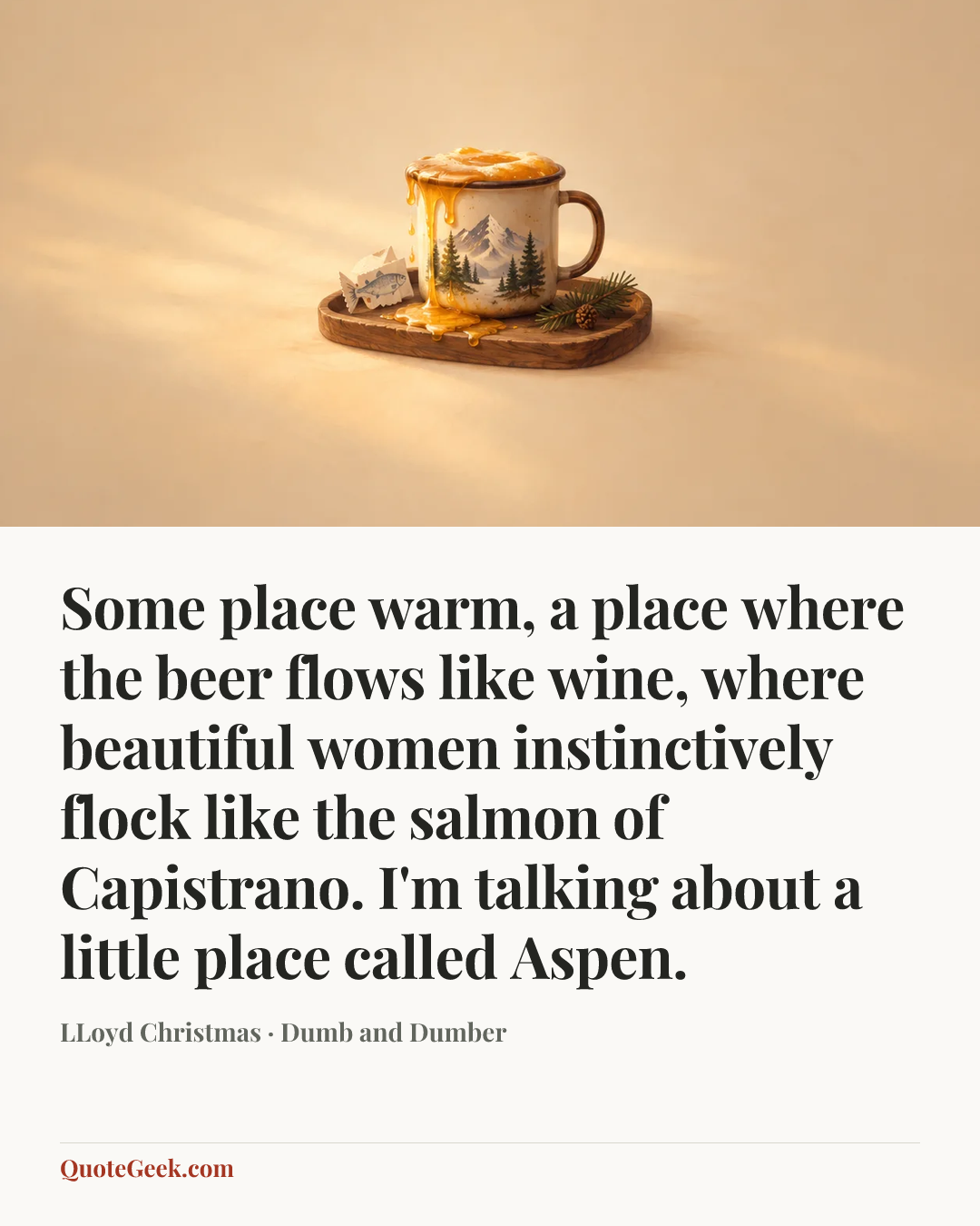 “Some place warm, a place where the beer flows like wine, where beautiful women instinctively flock like the salmon of Capistrano. I'm talking about a little place called Aspen.” — LLoyd Christmas · Dumb and Dumber. Illustrated QuoteGeek card.