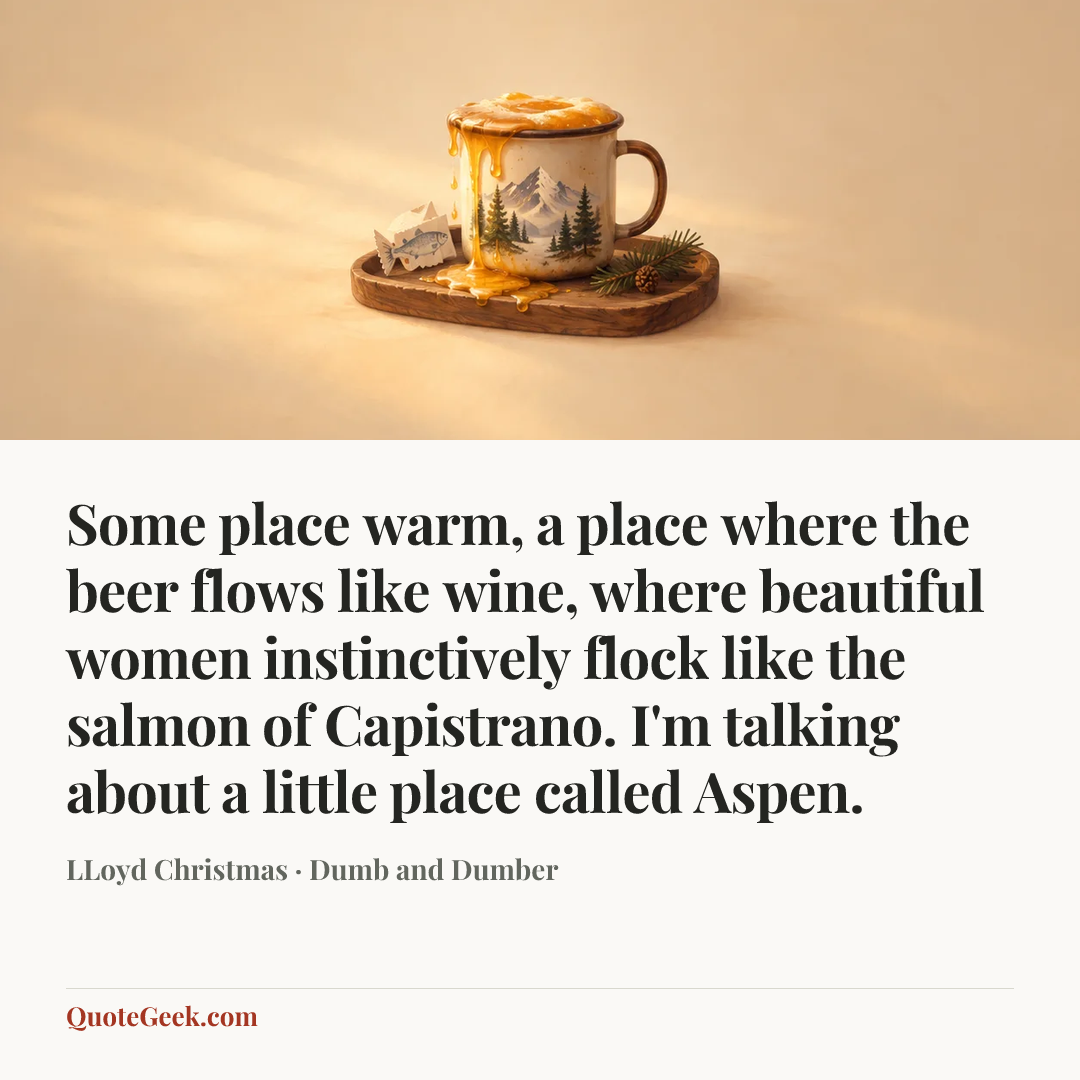 “Some place warm, a place where the beer flows like wine, where beautiful women instinctively flock like the salmon of Capistrano. I'm talking about a little place called Aspen.” — LLoyd Christmas · Dumb and Dumber. Illustrated QuoteGeek card.