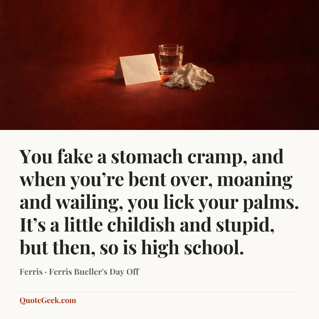 “You fake a stomach cramp, and when you’re bent over, moaning and wailing, you lick your palms. It’s a little childish and stupid, but then, so is high school.” — Ferris · Ferris Bueller's Day Off. Illustrated QuoteGeek card.