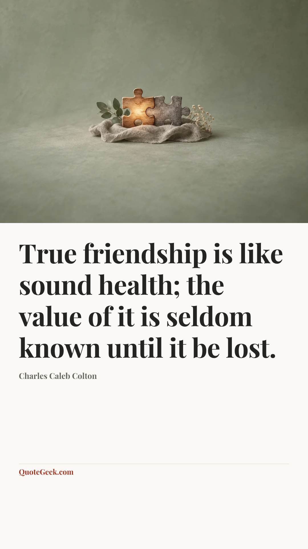 “True friendship is like sound health; the value of it is seldom known until it be lost.” — Charles Caleb Colton. Illustrated QuoteGeek card.