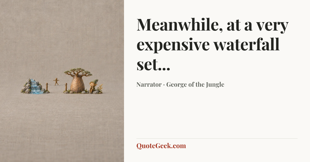 “Meanwhile, at a very expensive waterfall set...” — Narrator · George of the Jungle. Illustrated QuoteGeek card.