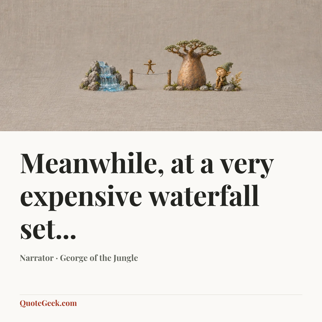 “Meanwhile, at a very expensive waterfall set...” — Narrator · George of the Jungle. Illustrated QuoteGeek card.