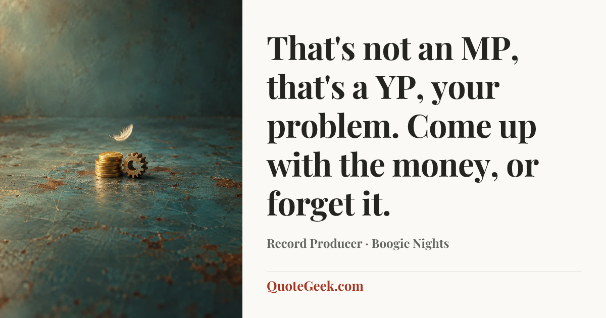 “That's not an MP, that's a YP, your problem. Come up with the money, or forget it.” — Record Producer · Boogie Nights. Illustrated QuoteGeek card.