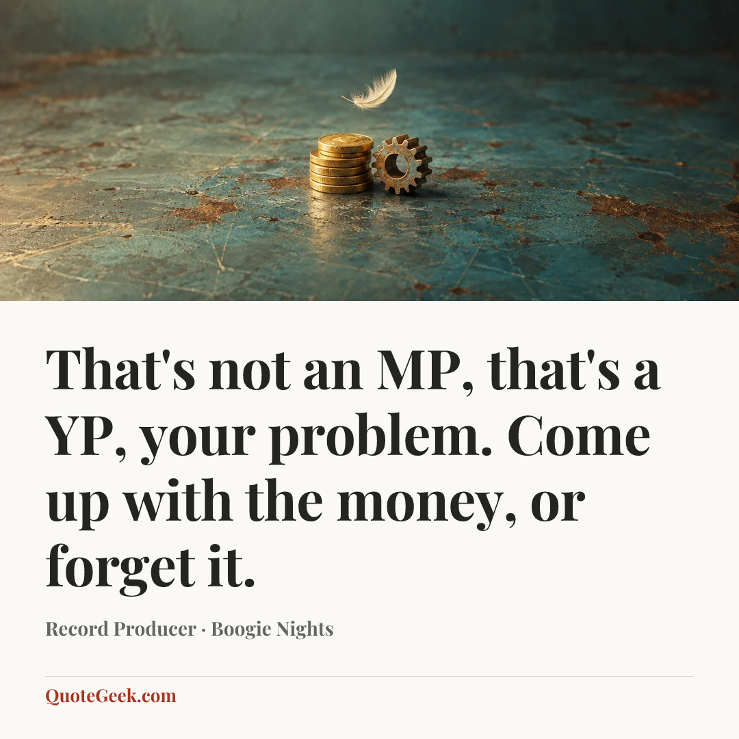 “That's not an MP, that's a YP, your problem. Come up with the money, or forget it.” — Record Producer · Boogie Nights. Illustrated QuoteGeek card.