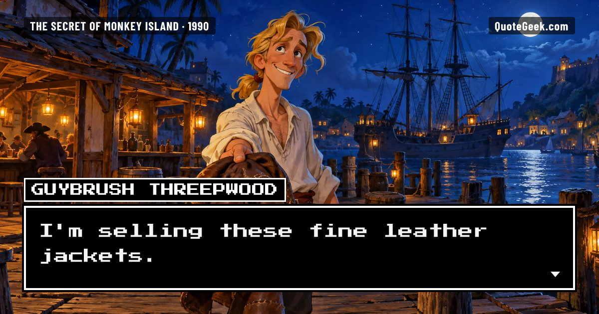 “I'm selling these fine leather jackets.” — Guybrush Threepwood · The Secret of Monkey Island. Illustrated QuoteGeek card.