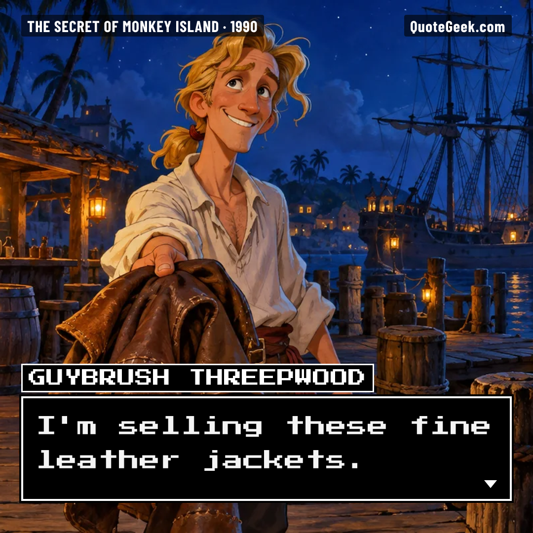 “I'm selling these fine leather jackets.” — Guybrush Threepwood · The Secret of Monkey Island. Illustrated QuoteGeek card.