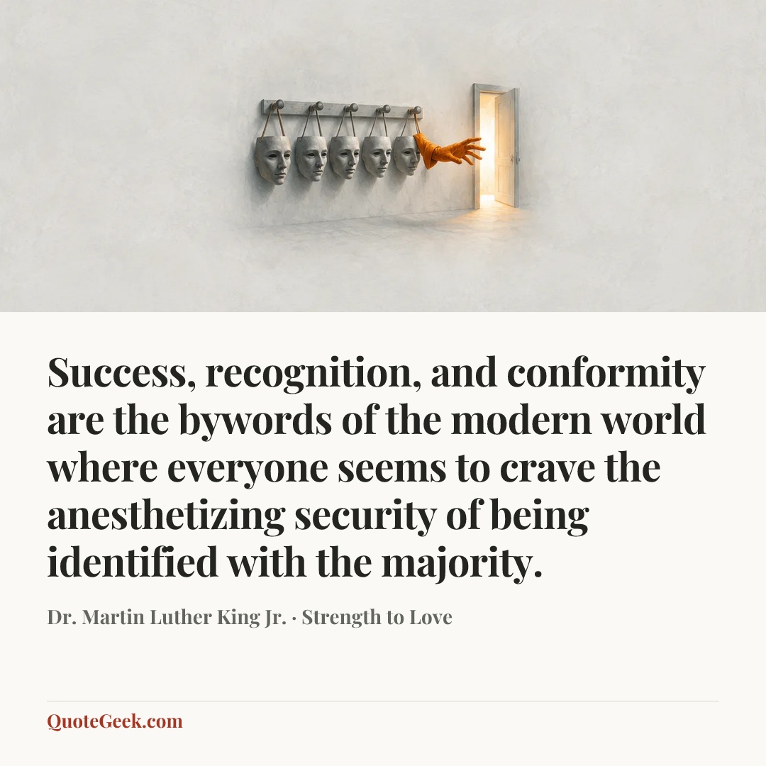 “Success, recognition, and conformity are the bywords of the modern world where everyone seems to crave the anesthetizing security of being identified with the majority.” — Dr. Martin Luther King Jr. · Strength to Love. Illustrated QuoteGeek card.