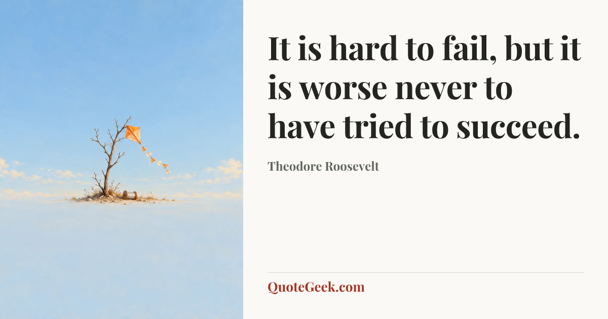 “It is hard to fail, but it is worse never to have tried to succeed.” — Theodore Roosevelt. Illustrated QuoteGeek card.