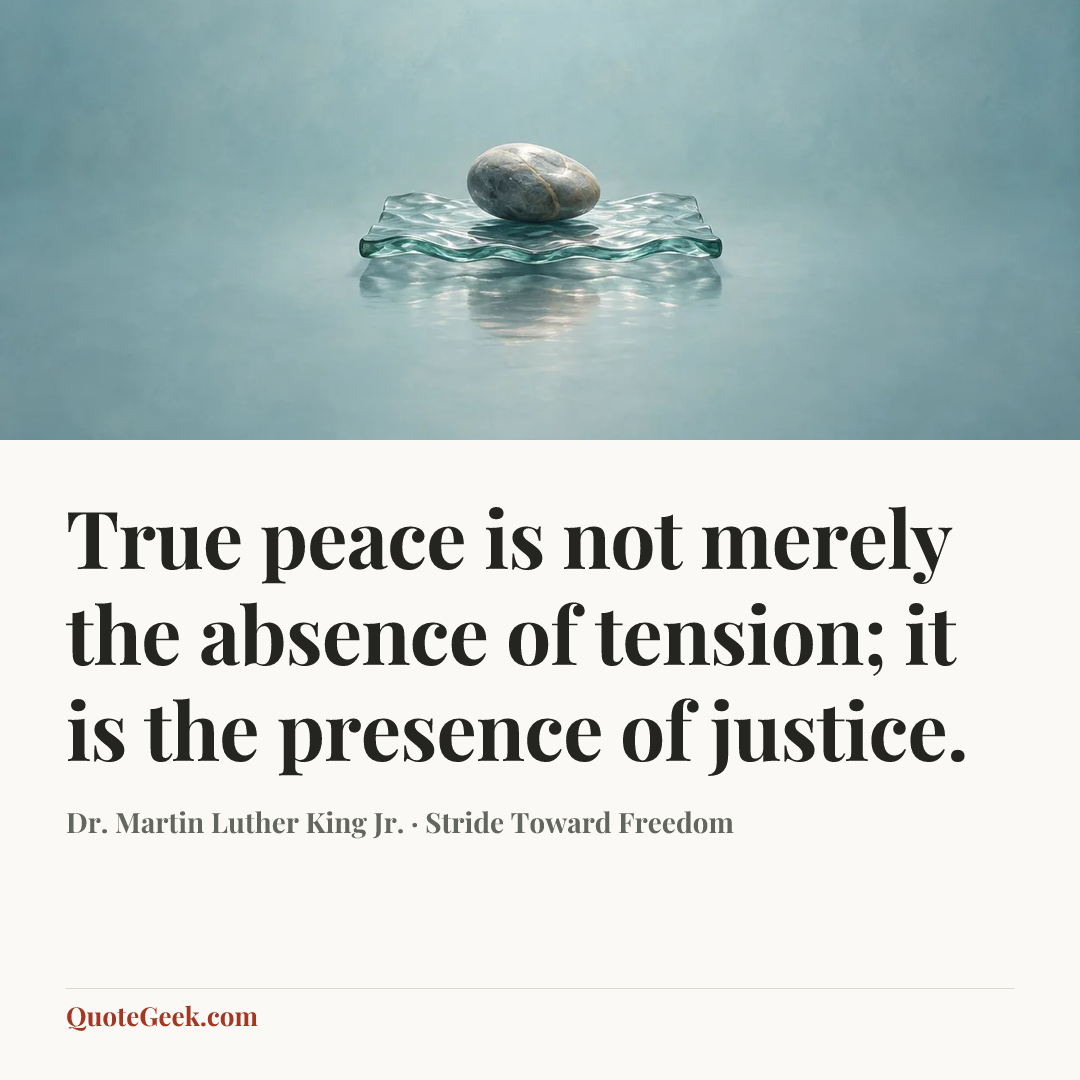 “True peace is not merely the absence of tension; it is the presence of justice.” — Dr. Martin Luther King Jr. · Stride Toward Freedom. Illustrated QuoteGeek card.