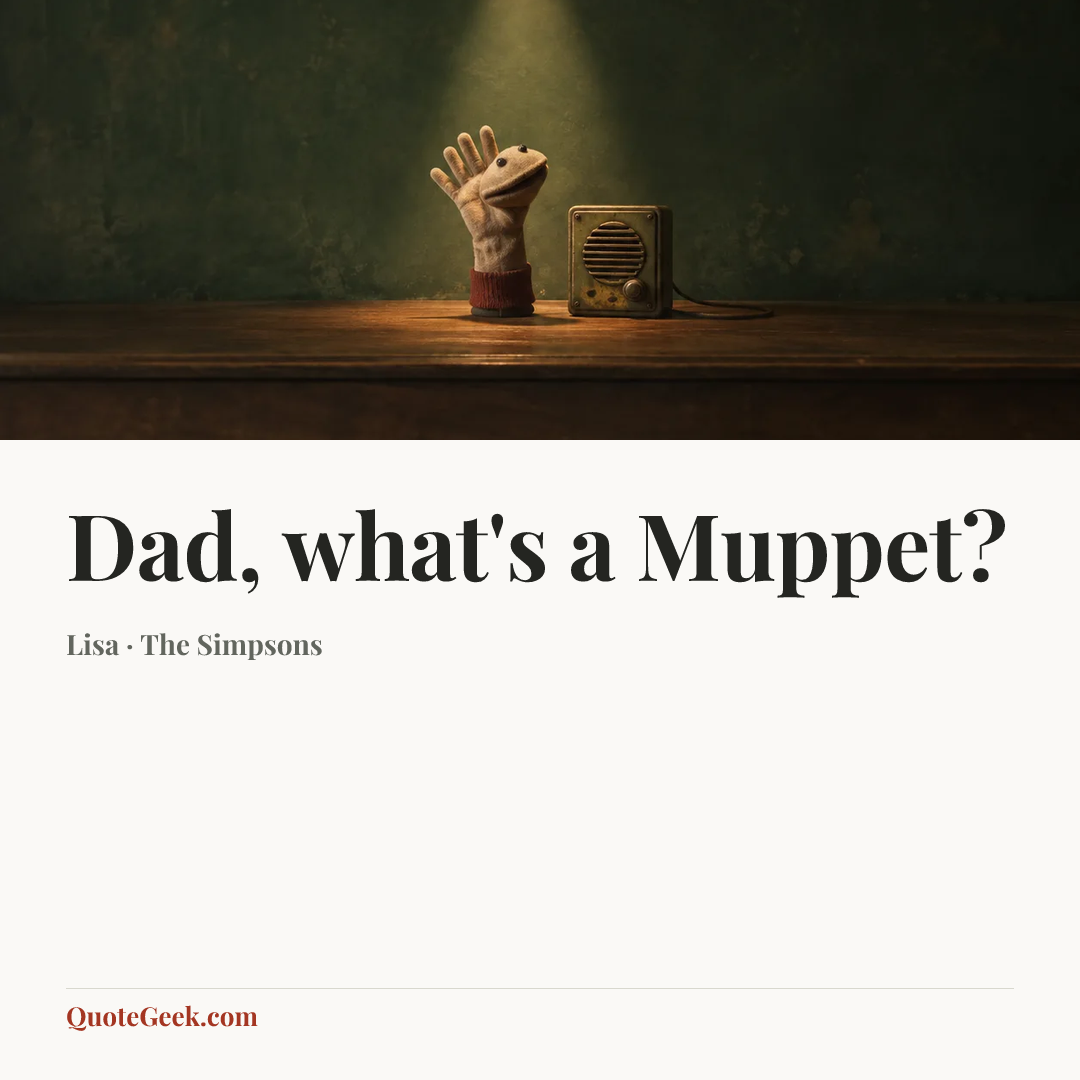 “Dad, what's a Muppet?” — Lisa · The Simpsons. Illustrated QuoteGeek card.