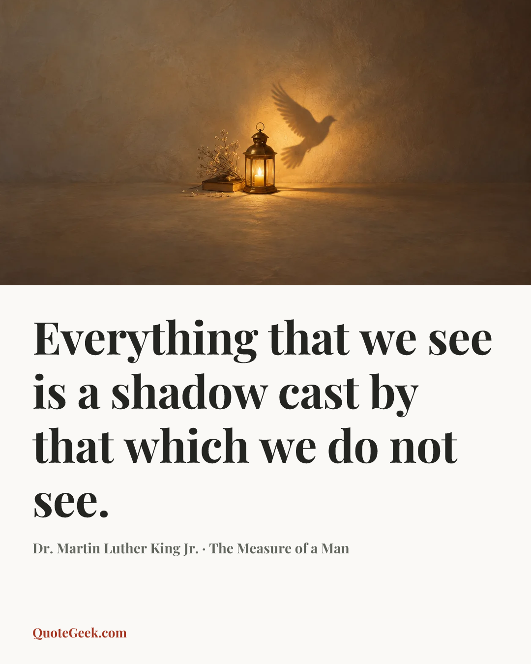“Everything that we see is a shadow cast by that which we do not see.” — Dr. Martin Luther King Jr. · The Measure of a Man. Illustrated QuoteGeek card.