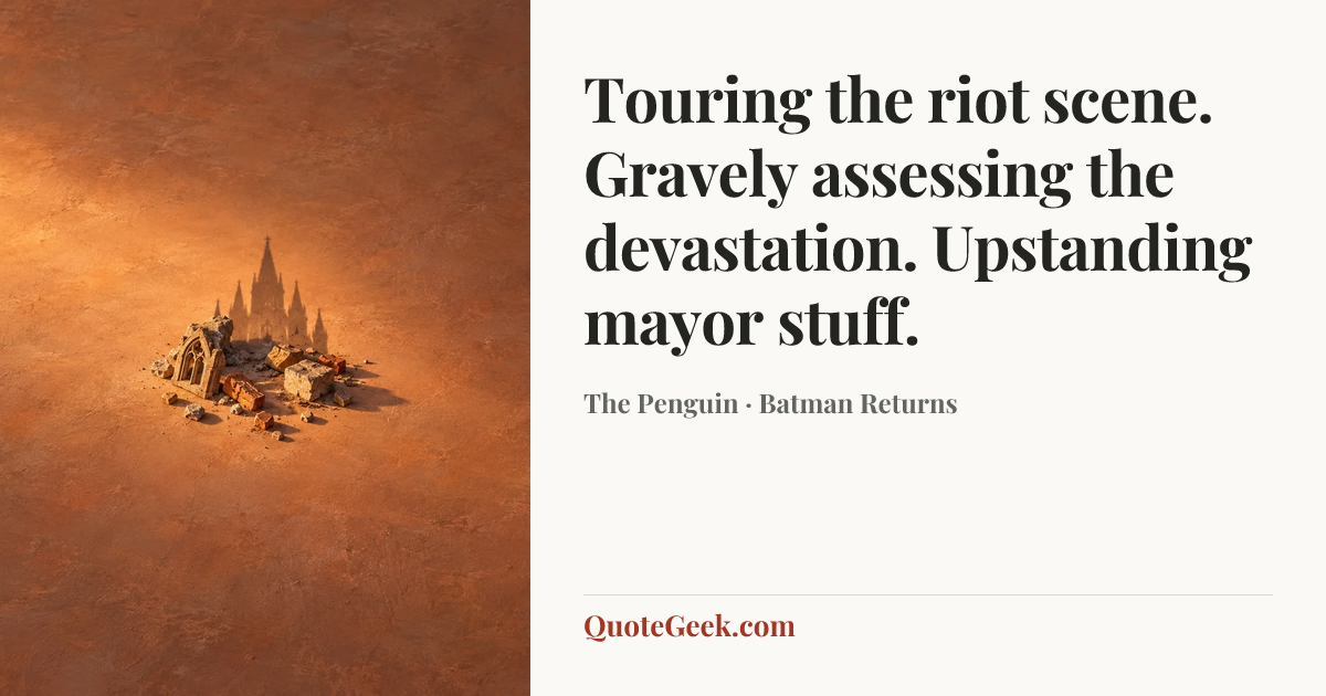“Touring the riot scene. Gravely assessing the devastation. Upstanding mayor stuff.” — The Penguin · Batman Returns. Illustrated QuoteGeek card.