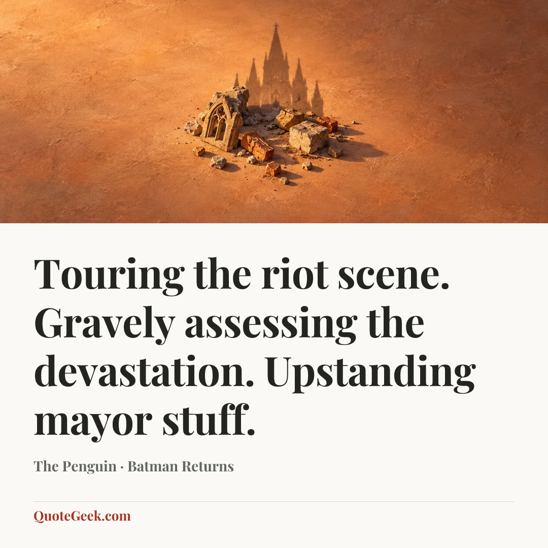 “Touring the riot scene. Gravely assessing the devastation. Upstanding mayor stuff.” — The Penguin · Batman Returns. Illustrated QuoteGeek card.