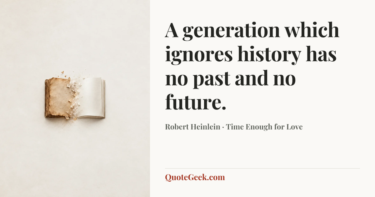“A generation which ignores history has no past and no future.” — Robert Heinlein · Time Enough for Love. Illustrated QuoteGeek card.