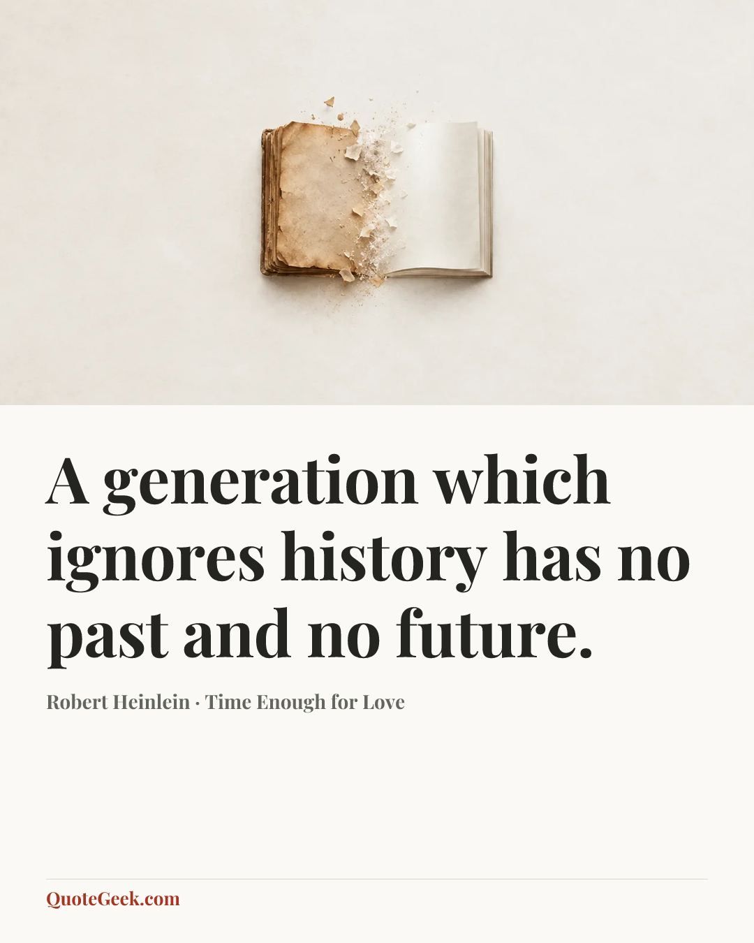 “A generation which ignores history has no past and no future.” — Robert Heinlein · Time Enough for Love. Illustrated QuoteGeek card.