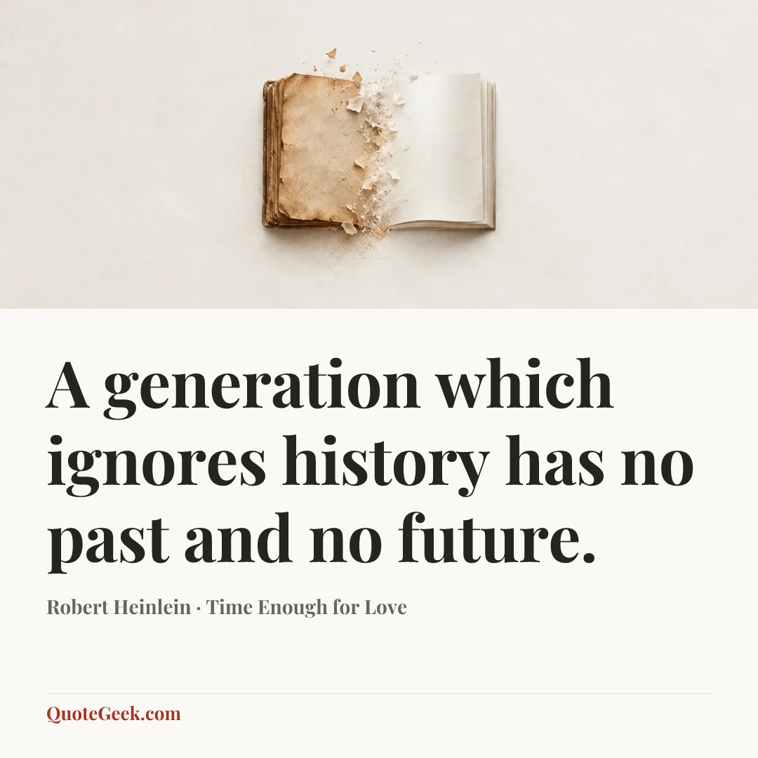 “A generation which ignores history has no past and no future.” — Robert Heinlein · Time Enough for Love. Illustrated QuoteGeek card.