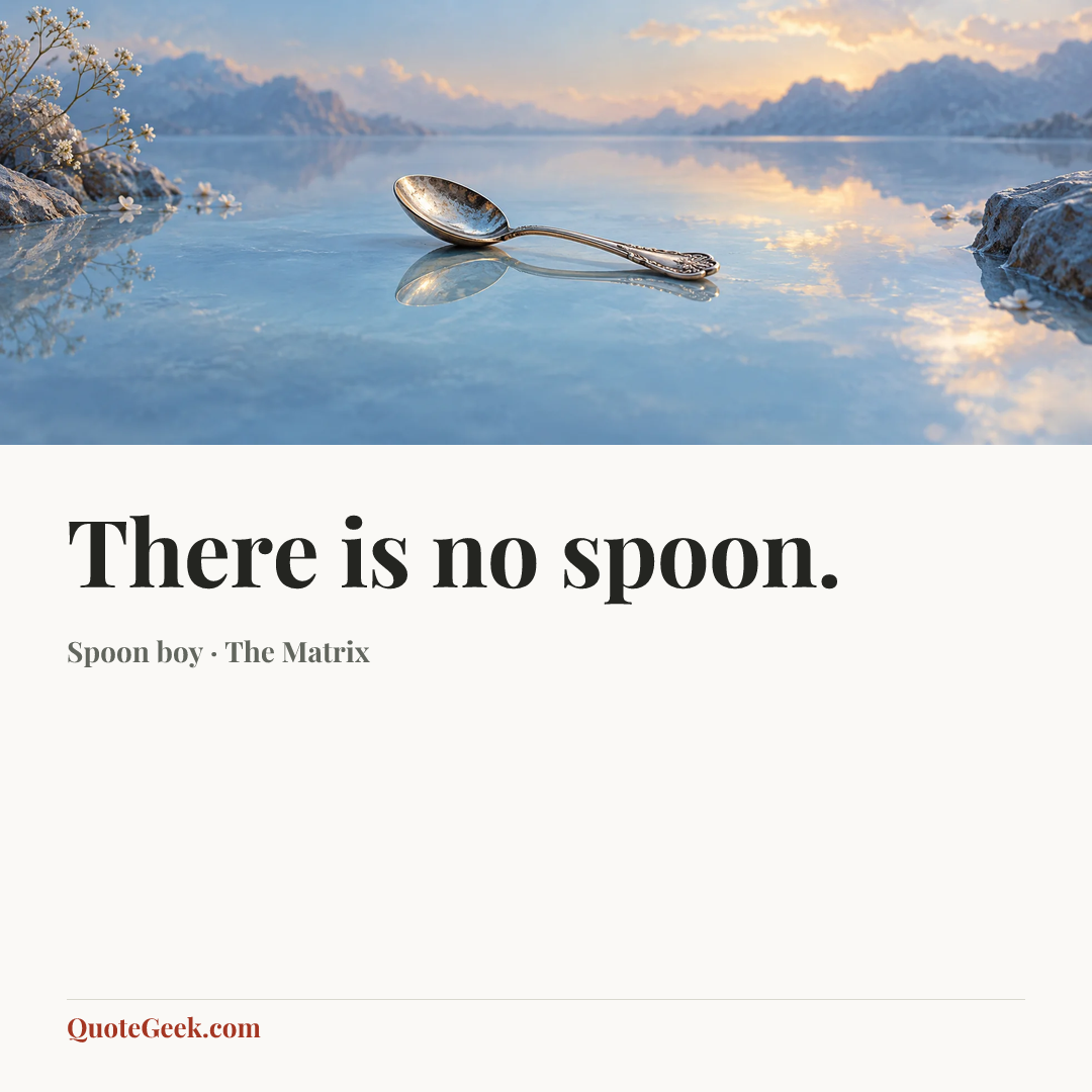 “There is no spoon.” — Spoon boy · The Matrix. Illustrated QuoteGeek card.