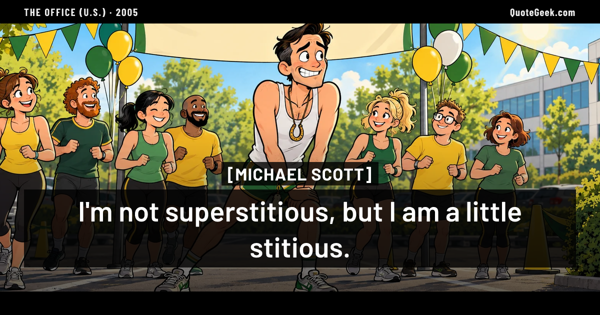 “I'm not superstitious, but I am a little stitious.” — Michael Scott · The Office (U.S.). Illustrated QuoteGeek card.