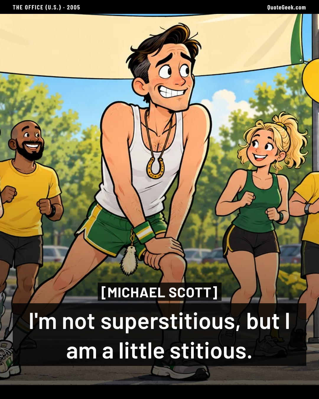 “I'm not superstitious, but I am a little stitious.” — Michael Scott · The Office (U.S.). Illustrated QuoteGeek card.
