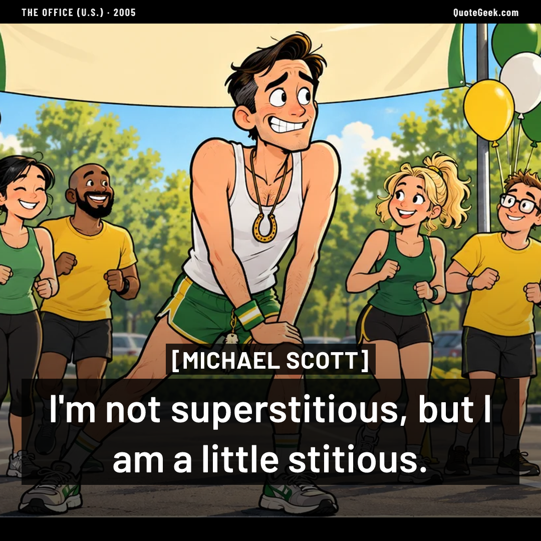 “I'm not superstitious, but I am a little stitious.” — Michael Scott · The Office (U.S.). Illustrated QuoteGeek card.