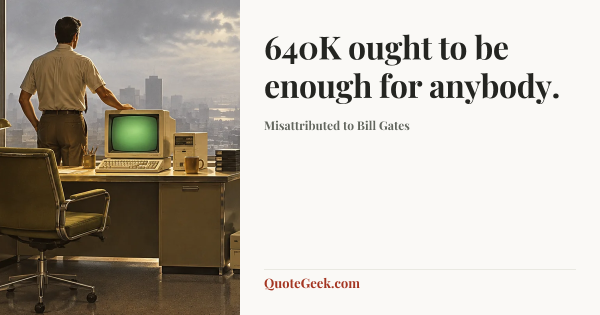 “640K ought to be enough for anybody.” — Misattributed to Bill Gates. Illustrated QuoteGeek card.
