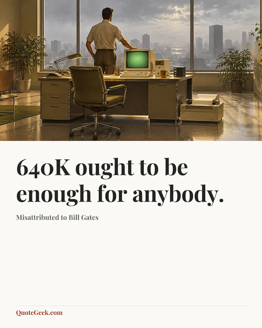 “640K ought to be enough for anybody.” — Misattributed to Bill Gates. Illustrated QuoteGeek card.