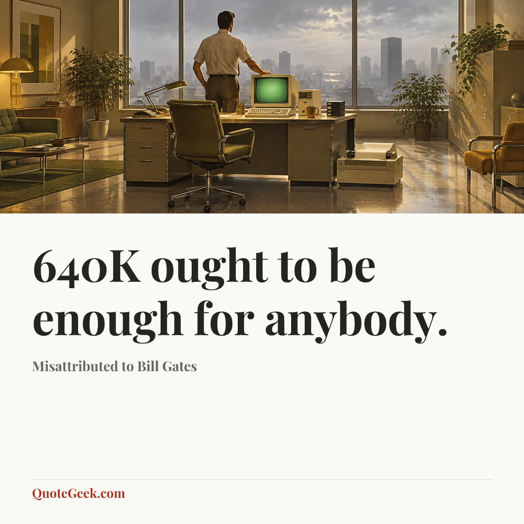 “640K ought to be enough for anybody.” — Misattributed to Bill Gates. Illustrated QuoteGeek card.