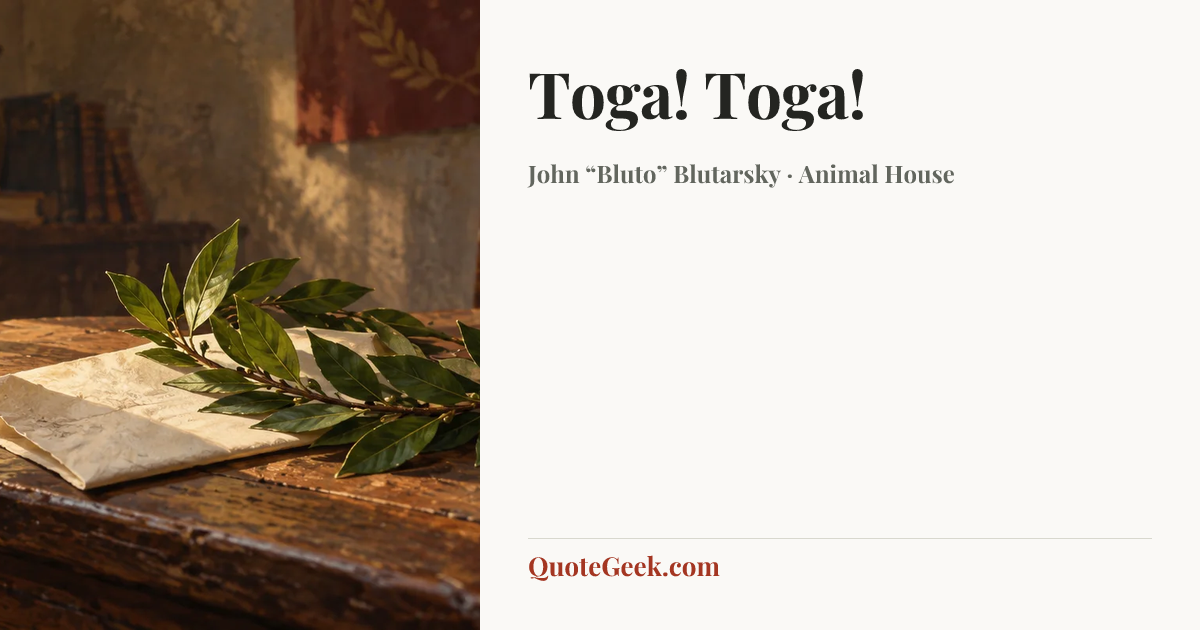 “Toga! Toga!” — John “Bluto” Blutarsky · Animal House. Illustrated QuoteGeek card.