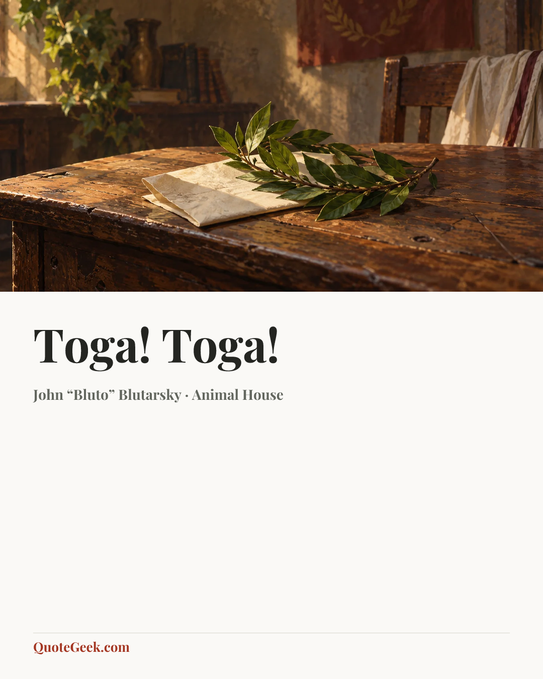 “Toga! Toga!” — John “Bluto” Blutarsky · Animal House. Illustrated QuoteGeek card.