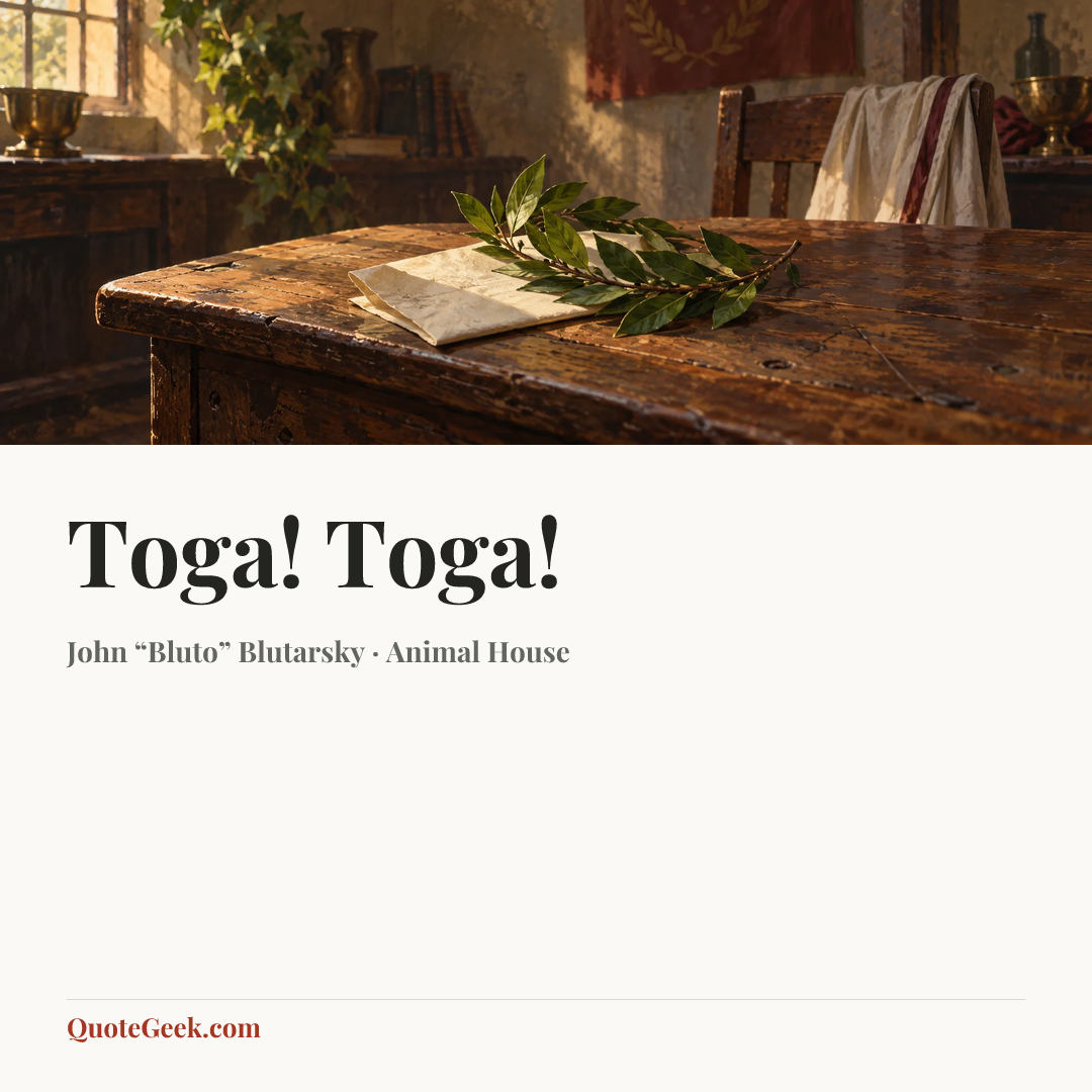“Toga! Toga!” — John “Bluto” Blutarsky · Animal House. Illustrated QuoteGeek card.