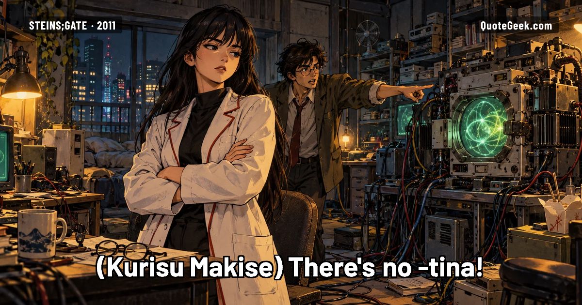 “There's no -tina!” — Kurisu Makise · Steins;Gate. Illustrated QuoteGeek card.