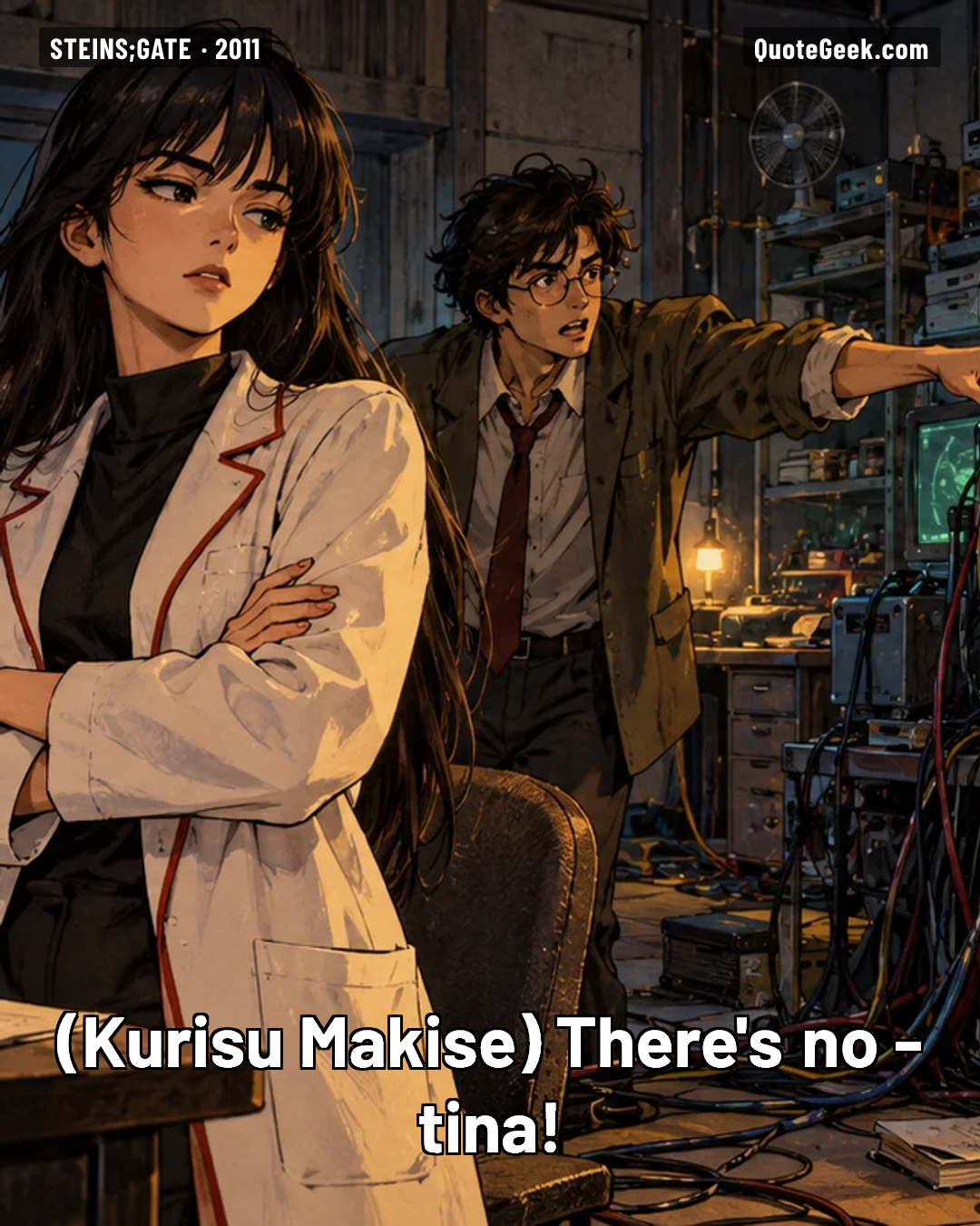 “There's no -tina!” — Kurisu Makise · Steins;Gate. Illustrated QuoteGeek card.
