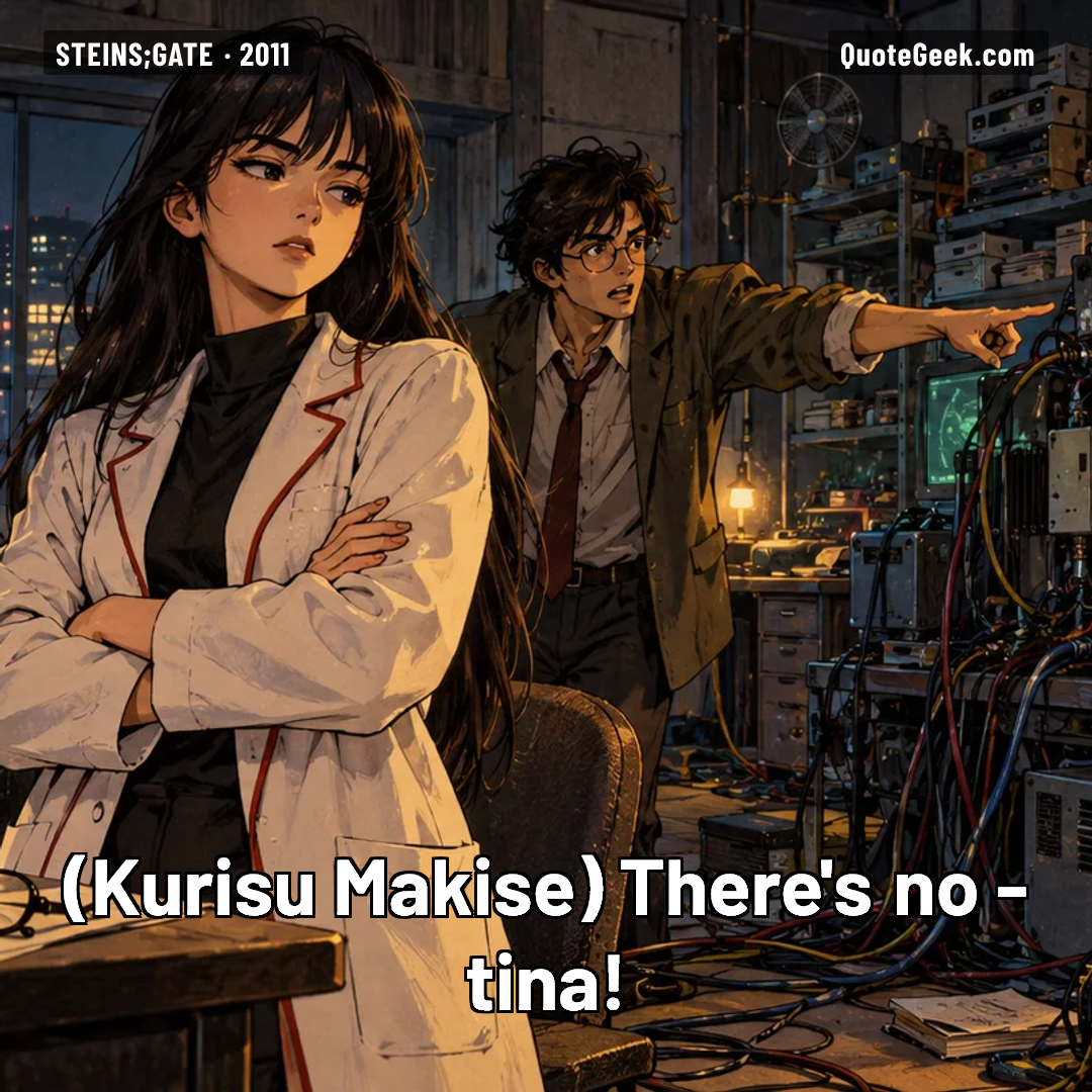 “There's no -tina!” — Kurisu Makise · Steins;Gate. Illustrated QuoteGeek card.