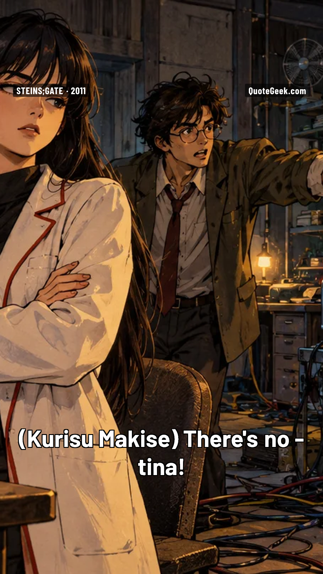 “There's no -tina!” — Kurisu Makise · Steins;Gate. Illustrated QuoteGeek card.
