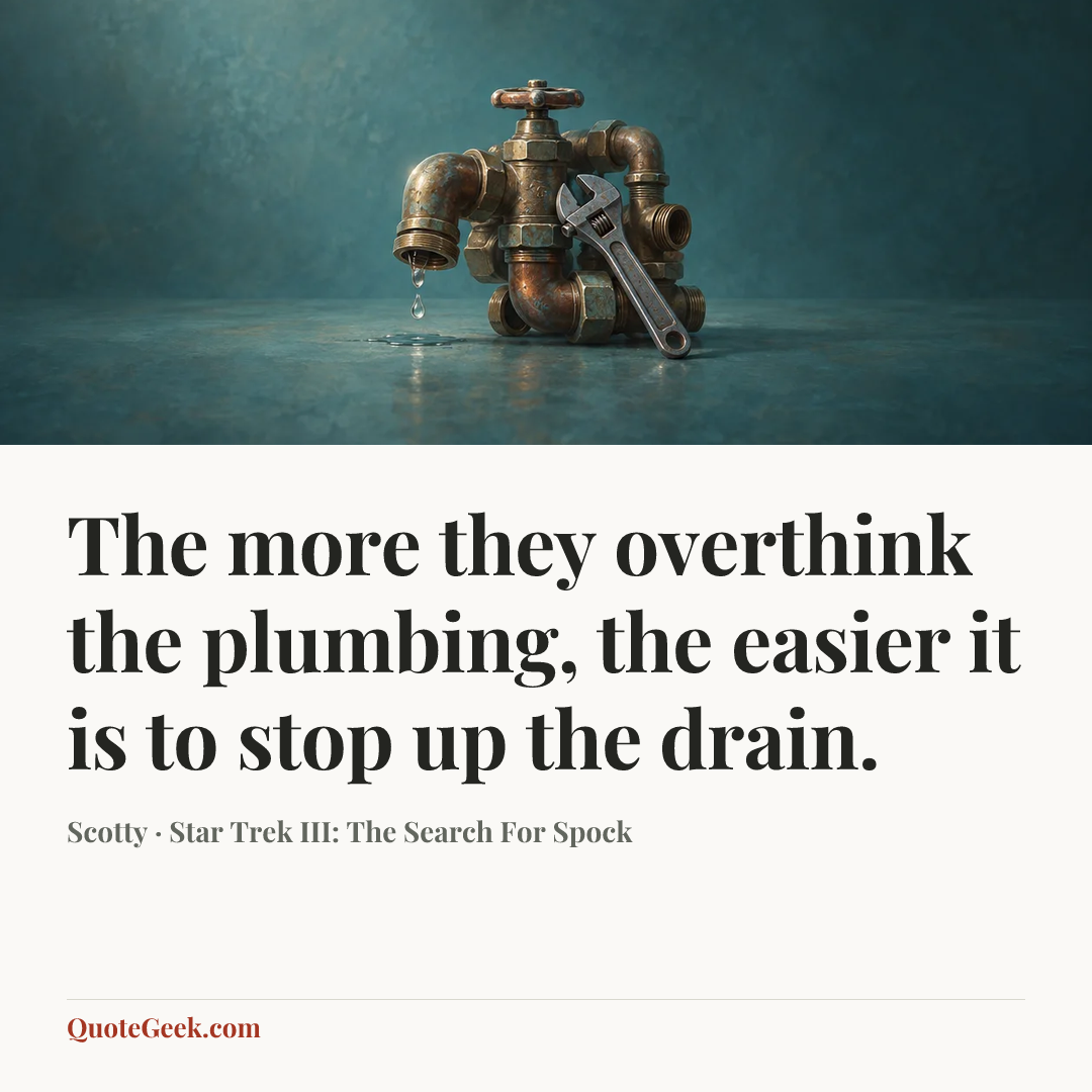 “The more they overthink the plumbing, the easier it is to stop up the drain.” — Scotty · Star Trek III: The Search For Spock. Illustrated QuoteGeek card.