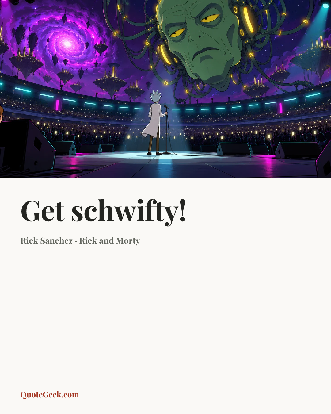 “Get schwifty!” — Rick Sanchez · Rick and Morty. Illustrated QuoteGeek card.
