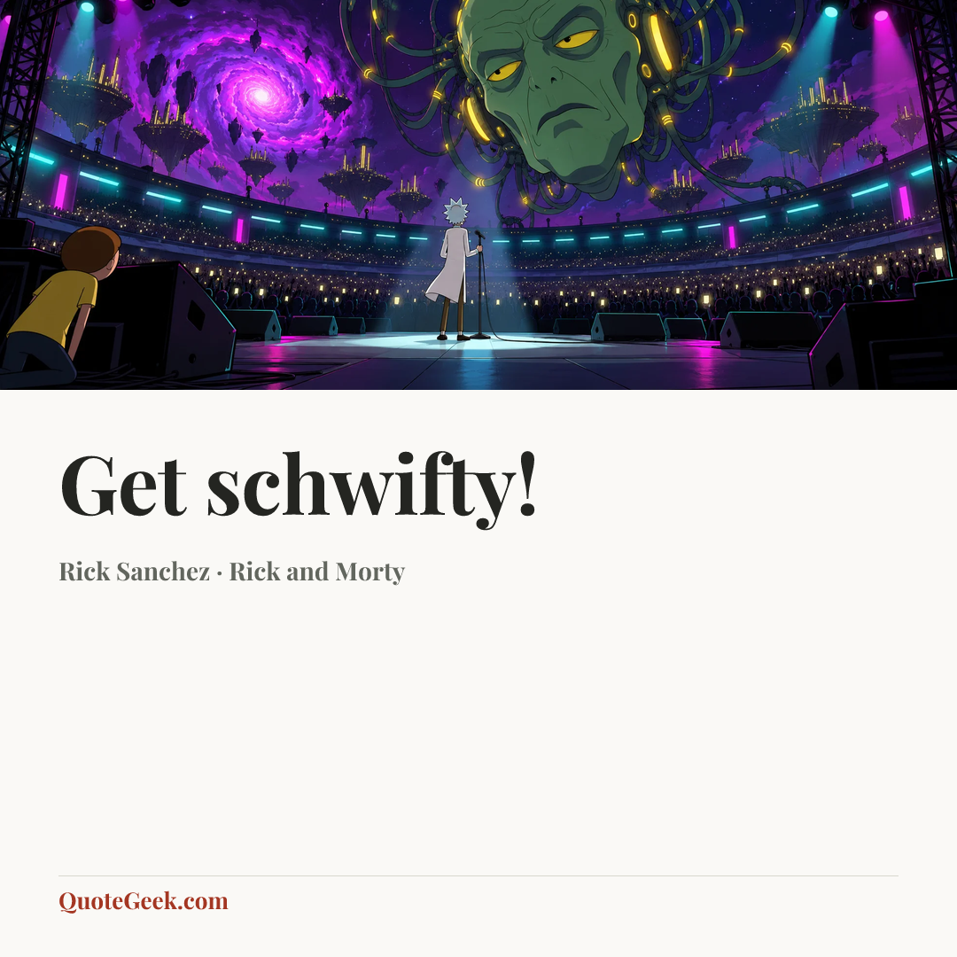 “Get schwifty!” — Rick Sanchez · Rick and Morty. Illustrated QuoteGeek card.