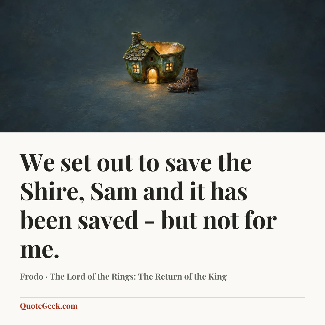 “We set out to save the Shire, Sam and it has been saved - but not for me.” — Frodo · The Lord of the Rings: The Return of the King. Illustrated QuoteGeek card.