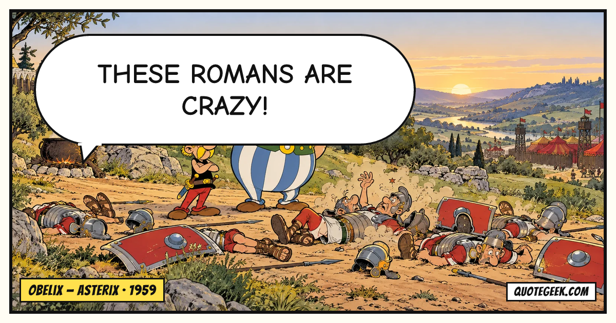 “These Romans are crazy!” — Obelix · Asterix. Illustrated QuoteGeek card.