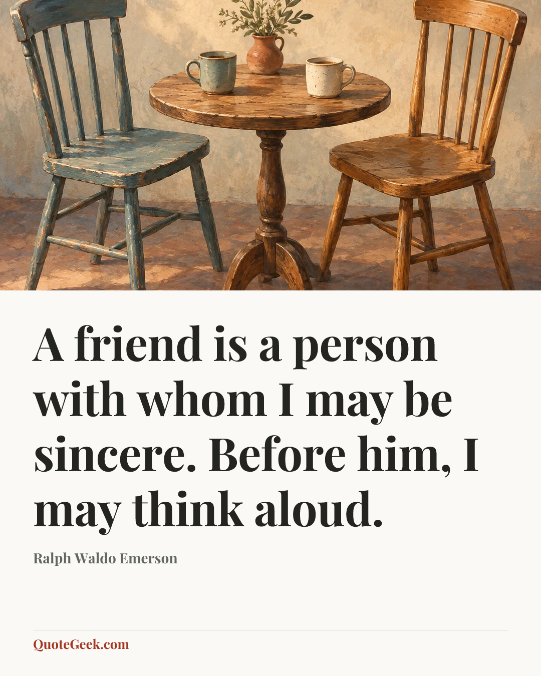 “A friend is a person with whom I may be sincere. Before him, I may think aloud.” — Ralph Waldo Emerson. Illustrated QuoteGeek card.