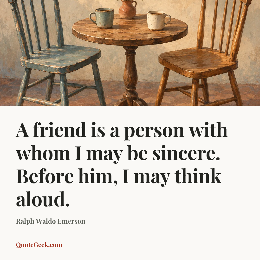 “A friend is a person with whom I may be sincere. Before him, I may think aloud.” — Ralph Waldo Emerson. Illustrated QuoteGeek card.