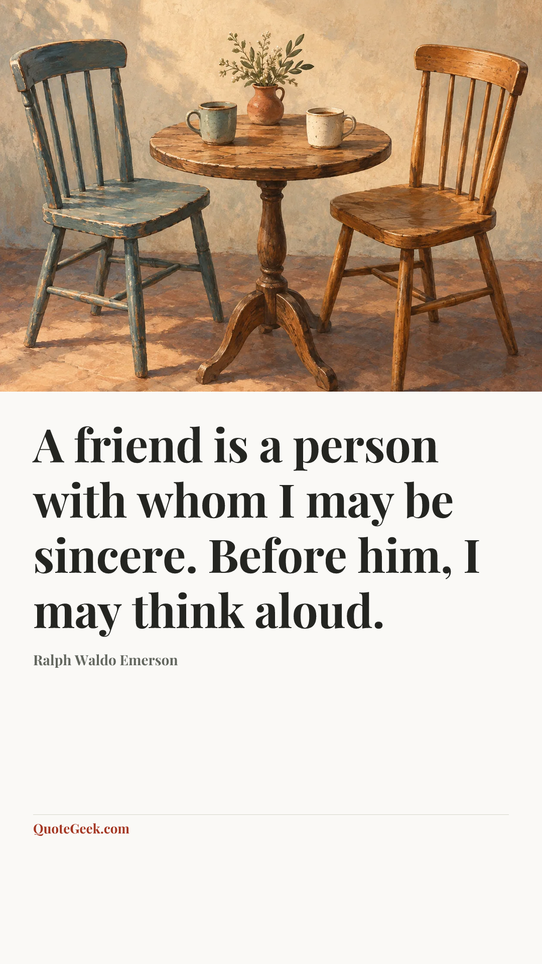“A friend is a person with whom I may be sincere. Before him, I may think aloud.” — Ralph Waldo Emerson. Illustrated QuoteGeek card.