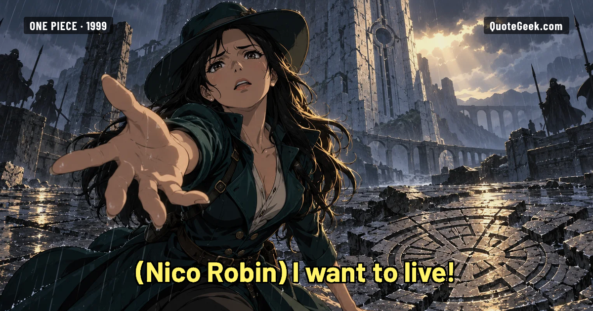 “I want to live!” — Nico Robin · One Piece. Illustrated QuoteGeek card.