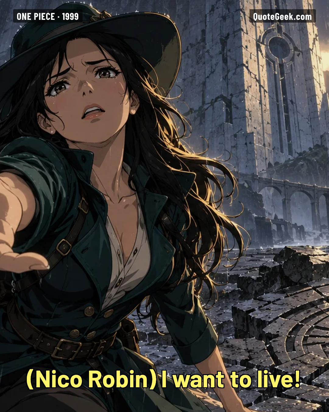 “I want to live!” — Nico Robin · One Piece. Illustrated QuoteGeek card.