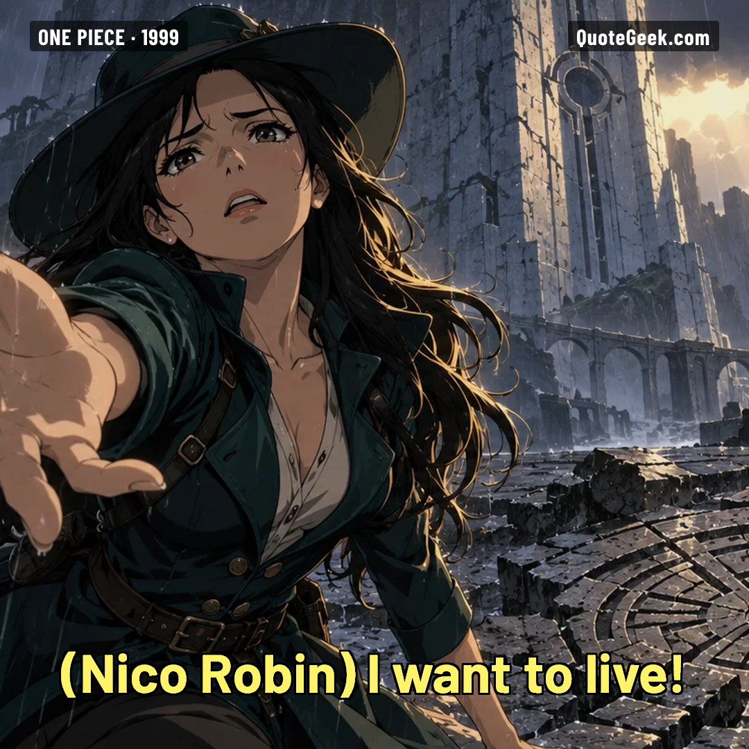 “I want to live!” — Nico Robin · One Piece. Illustrated QuoteGeek card.
