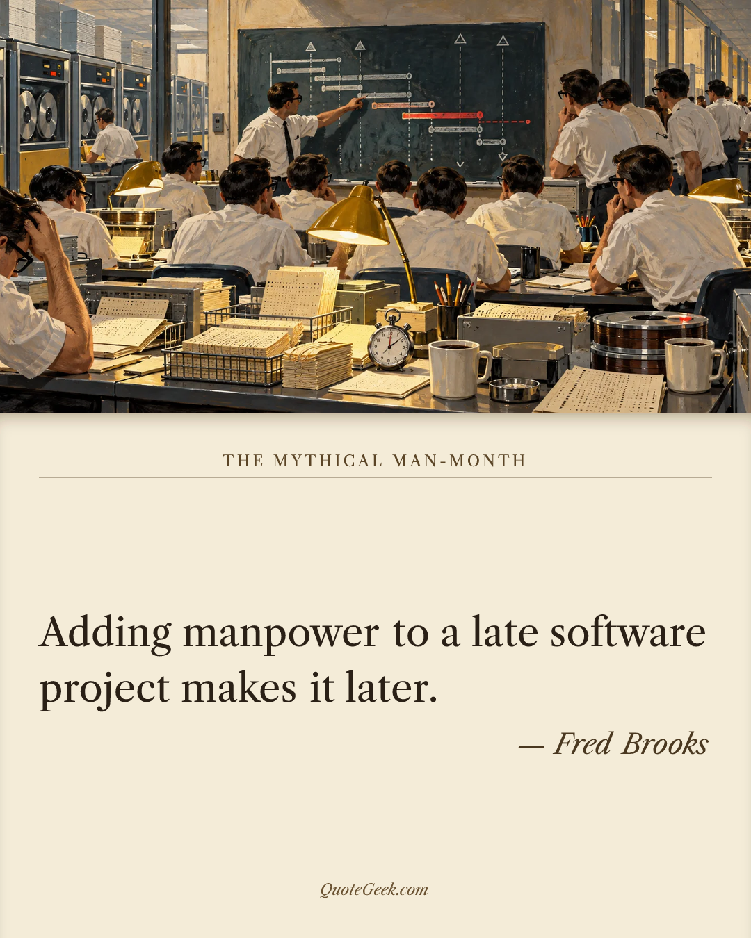 “Adding manpower to a late software project makes it later.” — Fred Brooks · The Mythical Man-Month. Illustrated QuoteGeek card.