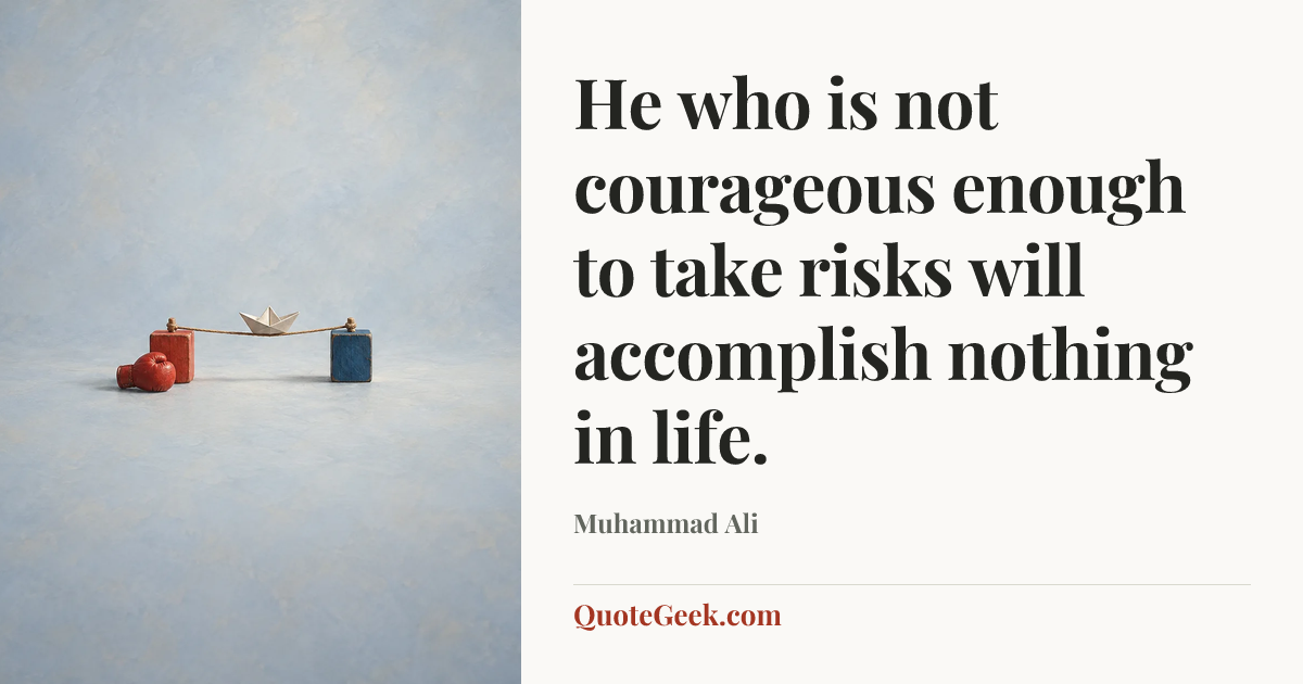 “He who is not courageous enough to take risks will accomplish nothing in life.” — Muhammad Ali. Illustrated QuoteGeek card.