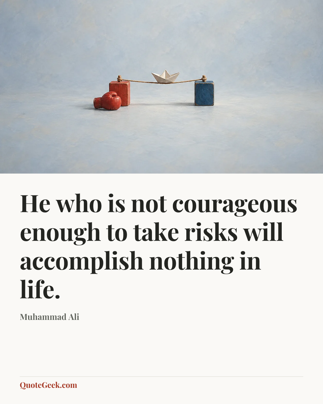“He who is not courageous enough to take risks will accomplish nothing in life.” — Muhammad Ali. Illustrated QuoteGeek card.